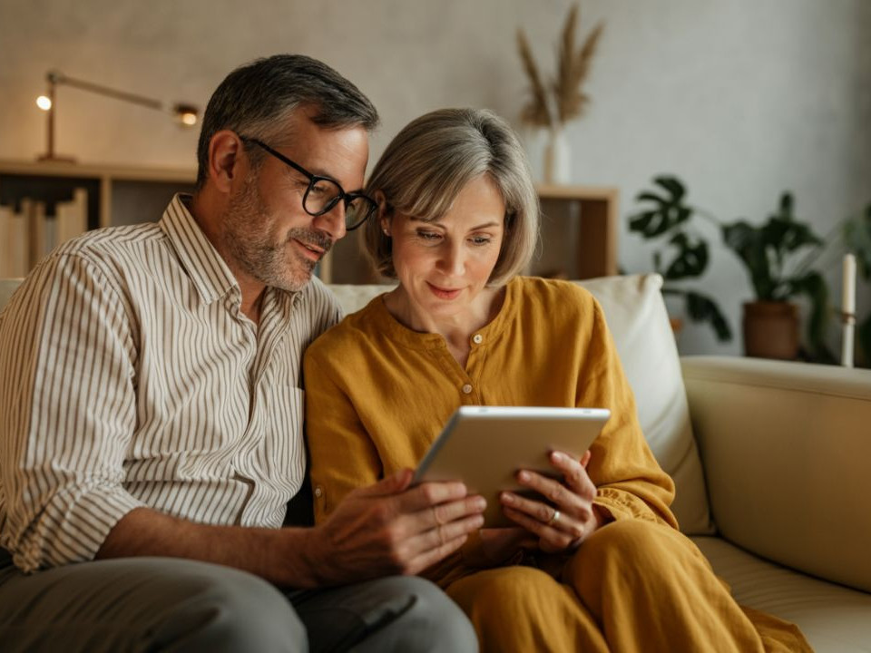 Couple reviewing their investments on a tablet