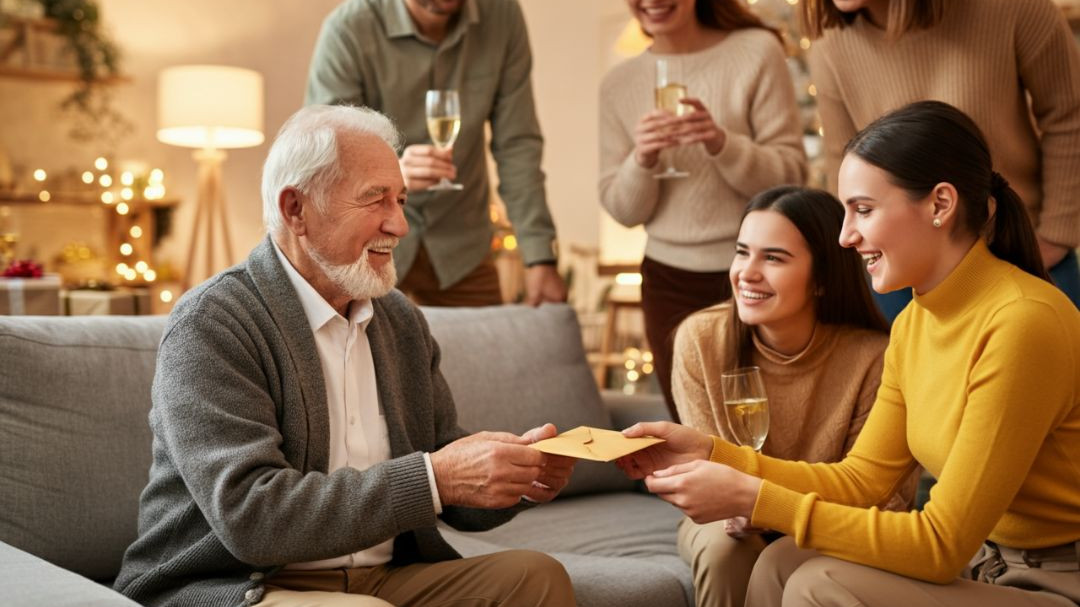 Senior making a gift to his granddaughter on her birthday