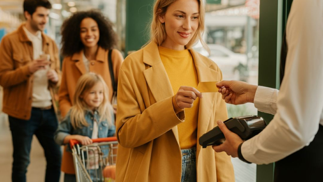 Jeune femme payant ses courses au supermarché avec sa carte Veracash