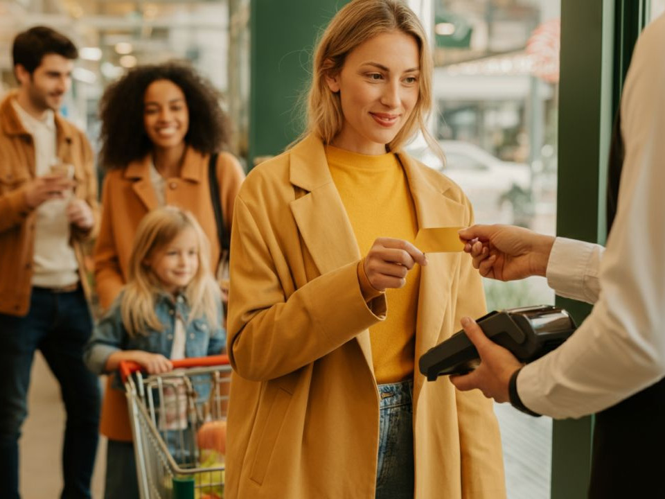 Jeune femme payant ses courses au supermarché avec sa carte Veracash