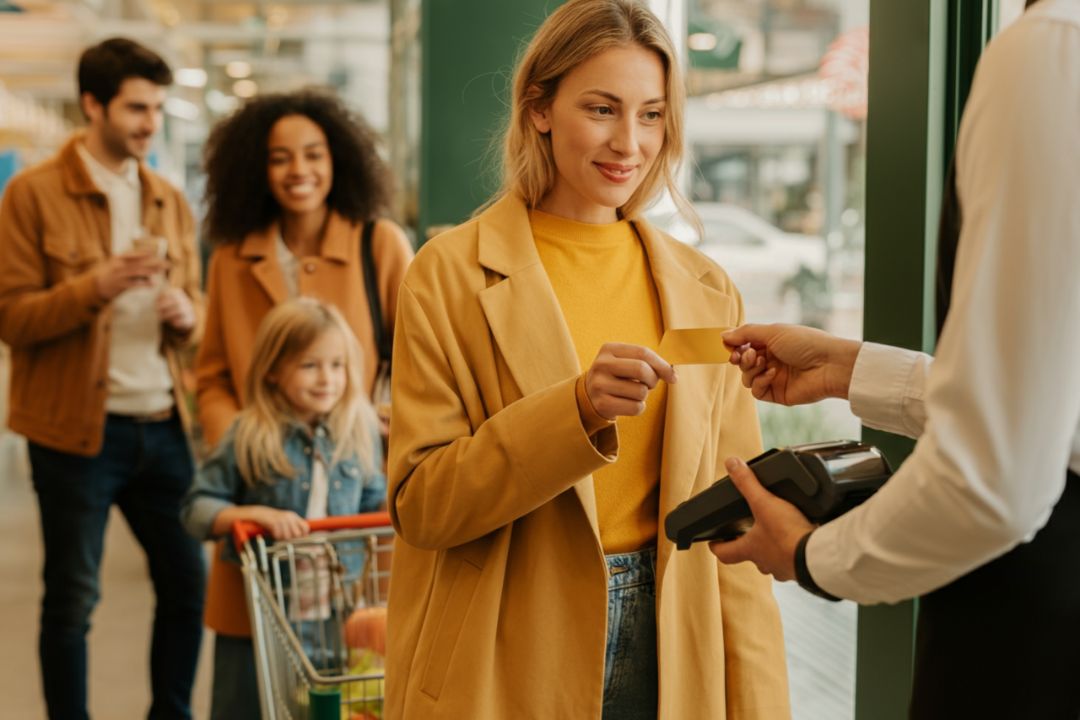 Young woman paying for her groceries at the supermarket with her Veracash card