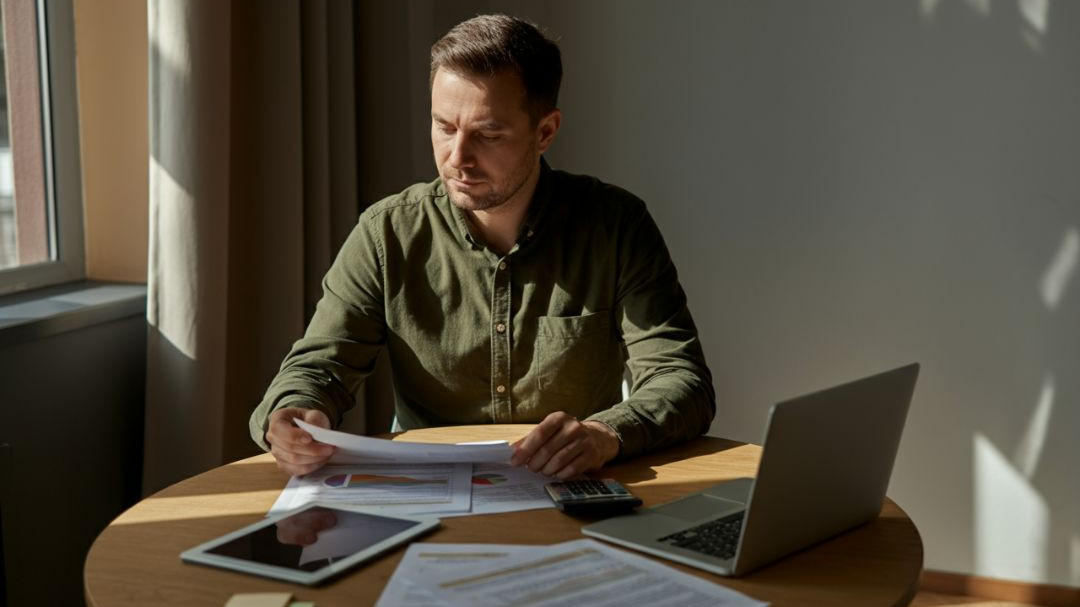 Man sitting at a table reviewing his various investments