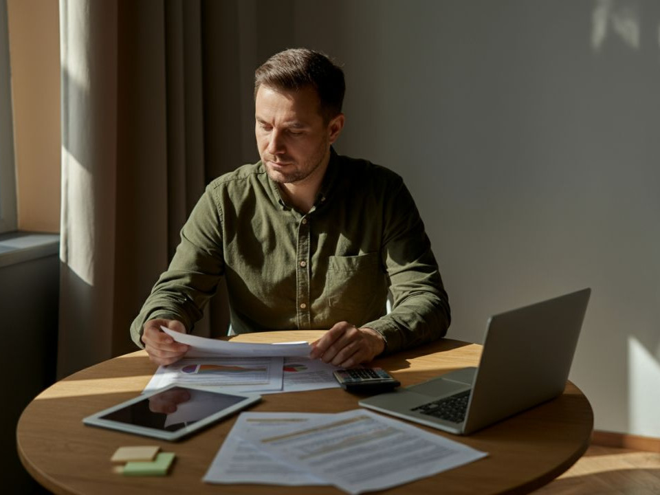 Homme assis à table en train de consulter ses différents investissements