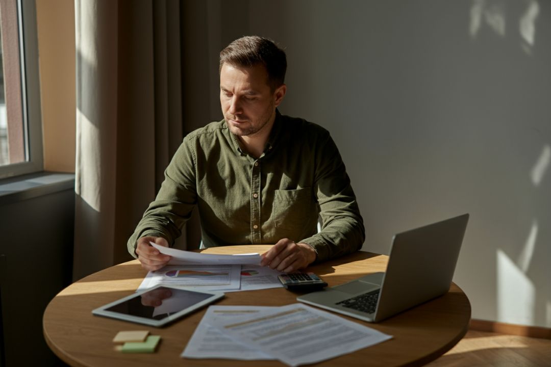 Man sitting at a table reviewing his various investments