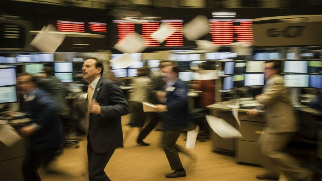 Panic on a trading floor during a stock market crash