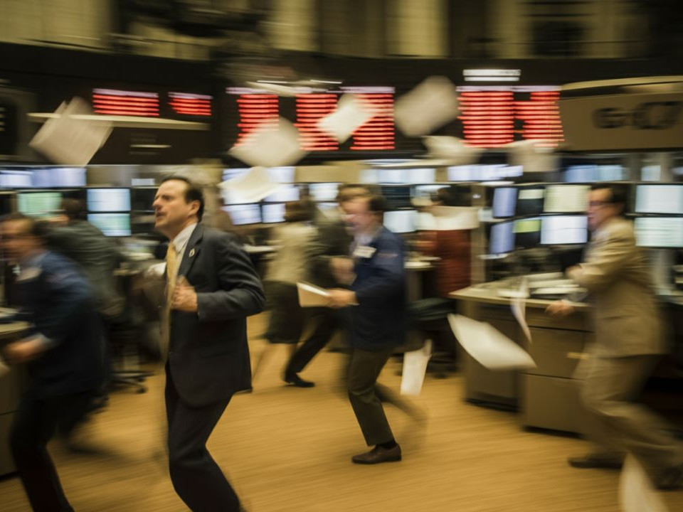 Panic on a trading floor during a stock market crash